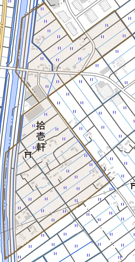 大字拾壱軒とその周辺の地図。町の範囲を重ねている