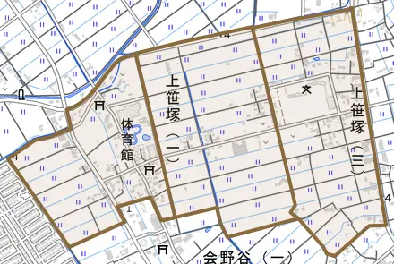 上笹塚とその周辺の地図。町の範囲を重ねている