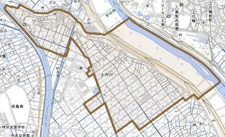 大字上内川とその周辺の地図。町の範囲を重ねている