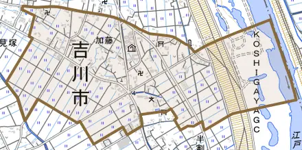 大字加藤とその周辺の地図。町の範囲を重ねている