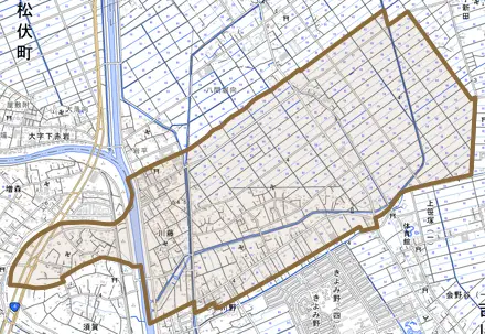 大字川藤とその周辺の地図。町の範囲を重ねている
