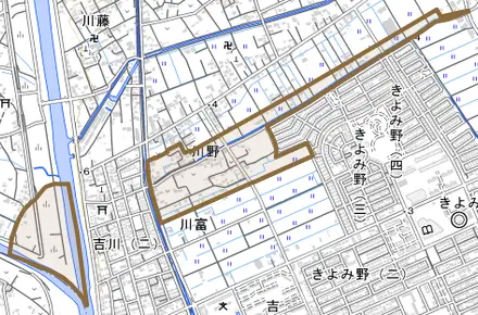 大字川野とその周辺の地図。町の範囲を重ねている