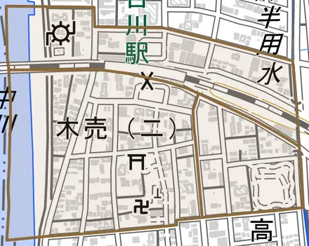 木売とその周辺の地図。町の範囲を重ねている