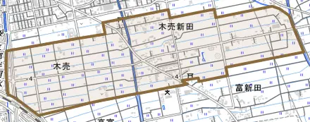 大字木売新田とその周辺の地図。町の範囲を重ねている