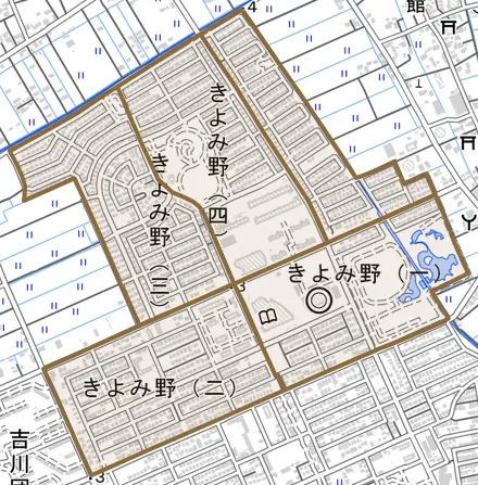 きよみ野とその周辺の地図。町の範囲を重ねている