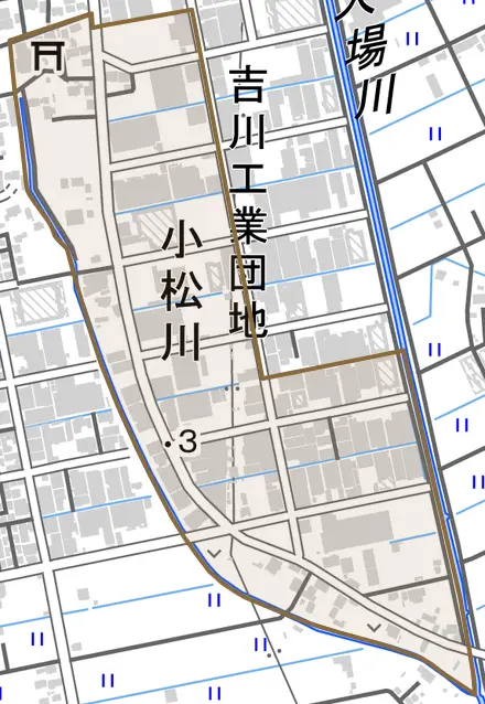 大字小松川とその周辺の地図。町の範囲を重ねている