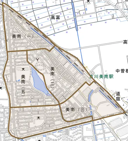 美南とその周辺の地図。町の範囲を重ねている