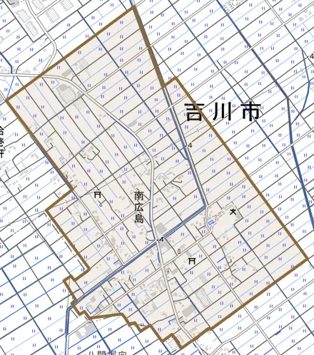 大字南広島とその周辺の地図。町の範囲を重ねている