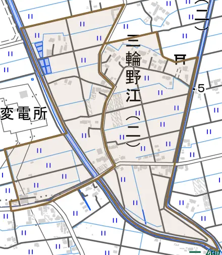 三輪野江とその周辺の地図。町の範囲を重ねている