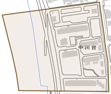 中川台とその周辺の地図。町の範囲を重ねている