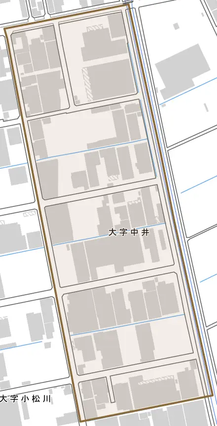 大字中井とその周辺の地図。町の範囲を重ねている
