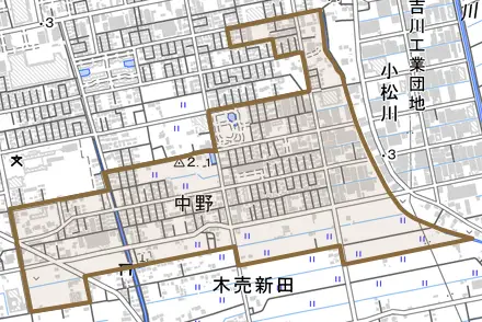 中野とその周辺の地図。町の範囲を重ねている