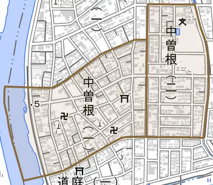 中曽根とその周辺の地図。町の範囲を重ねている