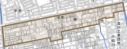 栄町とその周辺の地図。町の範囲を重ねている