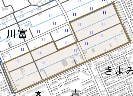 大字関とその周辺の地図。町の範囲を重ねている