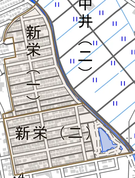 新栄とその周辺の地図。町の範囲を重ねている