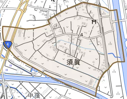 大字須賀とその周辺の地図。町の範囲を重ねている