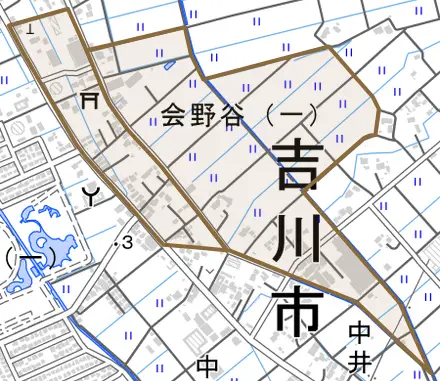 会野谷とその周辺の地図。町の範囲を重ねている