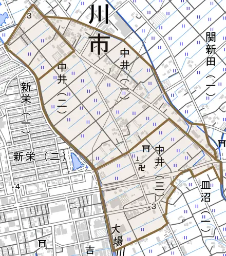 中井とその周辺の地図。町の範囲を重ねている