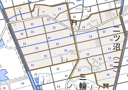 二ツ沼とその周辺の地図。町の範囲を重ねている