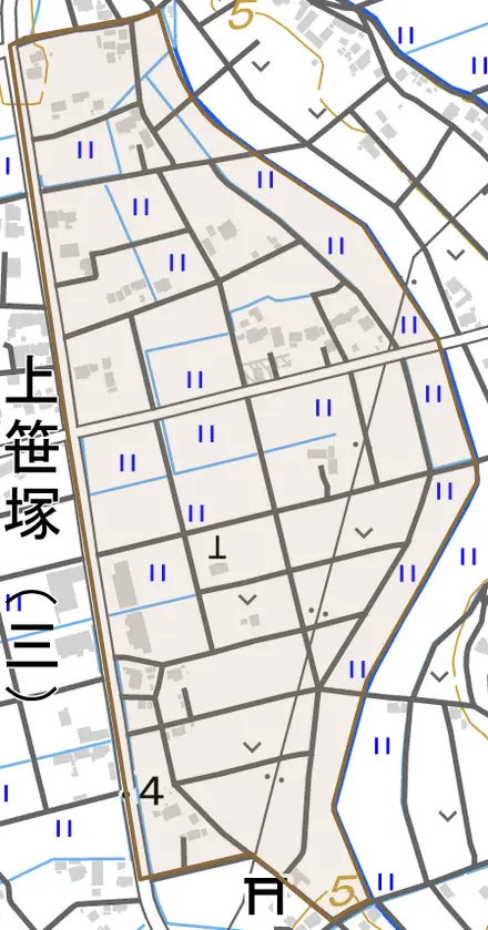 大字上笹塚とその周辺の地図。町の範囲を重ねている