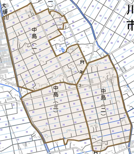 中島とその周辺の地図。町の範囲を重ねている