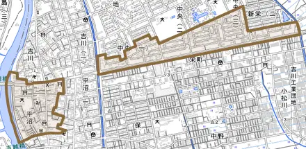 大字平沼とその周辺の地図。町の範囲を重ねている