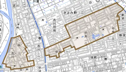 大字吉川とその周辺の地図。町の範囲を重ねている