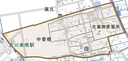 大字中曽根とその周辺の地図。町の範囲を重ねている