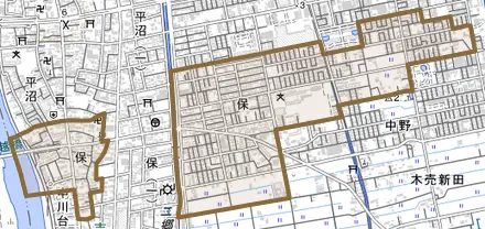 大字保とその周辺の地図。町の範囲を重ねている