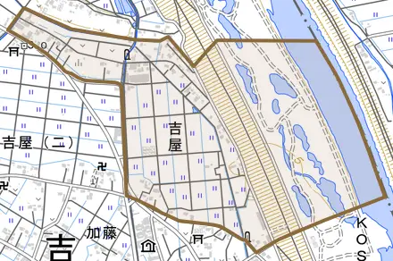 大字吉屋とその周辺の地図。町の範囲を重ねている