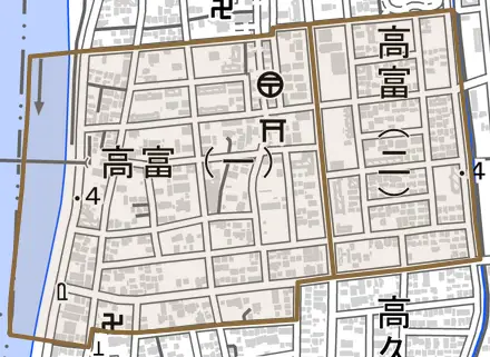 高富とその周辺の地図。町の範囲を重ねている
