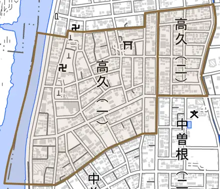 高久とその周辺の地図。町の範囲を重ねている