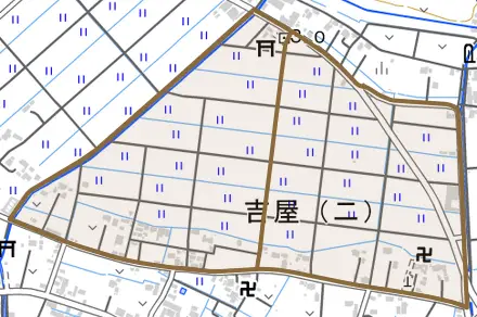 吉屋とその周辺の地図。町の範囲を重ねている