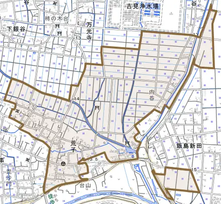大字荒子とその周辺の地図。町の範囲を重ねている