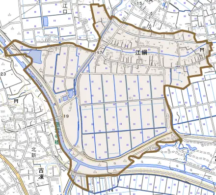 大字江綱とその周辺の地図。町の範囲を重ねている