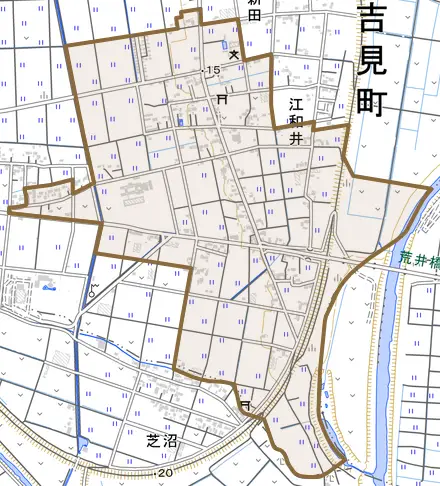 大字江和井とその周辺の地図。町の範囲を重ねている