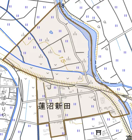 大字蓮沼新田とその周辺の地図。町の範囲を重ねている
