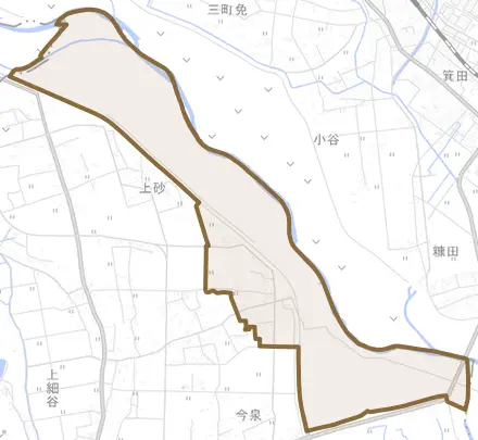 大字一ツ木とその周辺の地図。町の範囲を重ねている