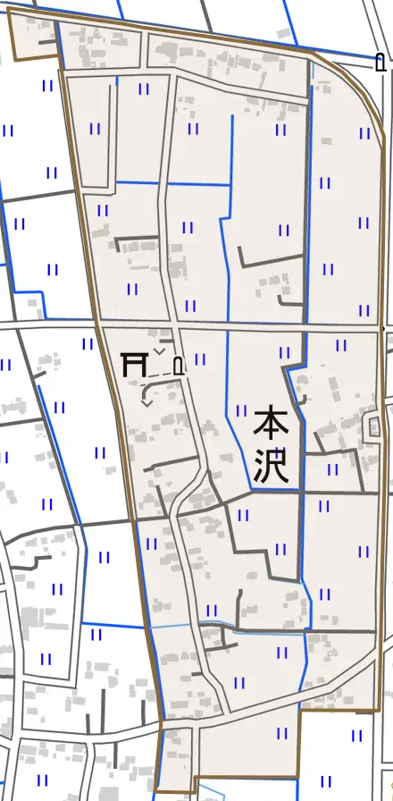 大字本沢とその周辺の地図。町の範囲を重ねている