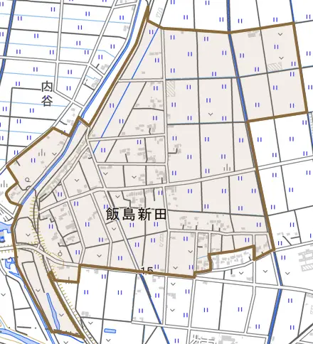 大字飯島新田とその周辺の地図。町の範囲を重ねている