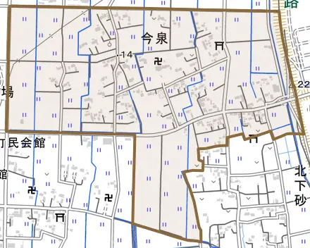 大字今泉とその周辺の地図。町の範囲を重ねている