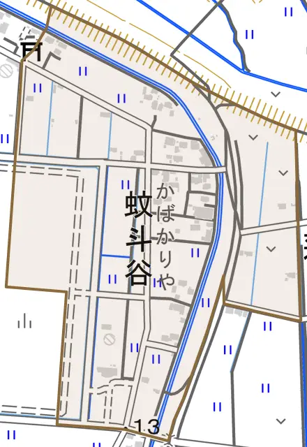 大字蚊斗谷とその周辺の地図。町の範囲を重ねている