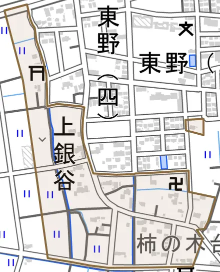 大字上銀谷とその周辺の地図。町の範囲を重ねている