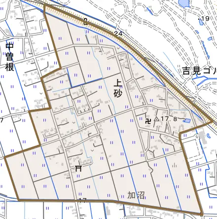 大字上砂とその周辺の地図。町の範囲を重ねている