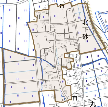 大字北下砂とその周辺の地図。町の範囲を重ねている