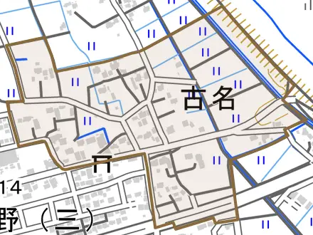 大字古名とその周辺の地図。町の範囲を重ねている