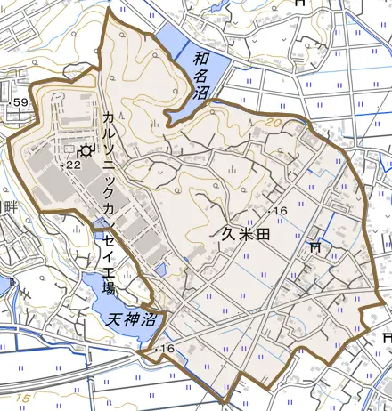大字久米田とその周辺の地図。町の範囲を重ねている
