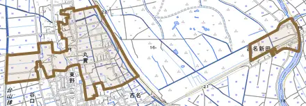 大字丸貫とその周辺の地図。町の範囲を重ねている