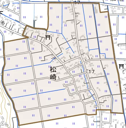 大字松崎とその周辺の地図。町の範囲を重ねている